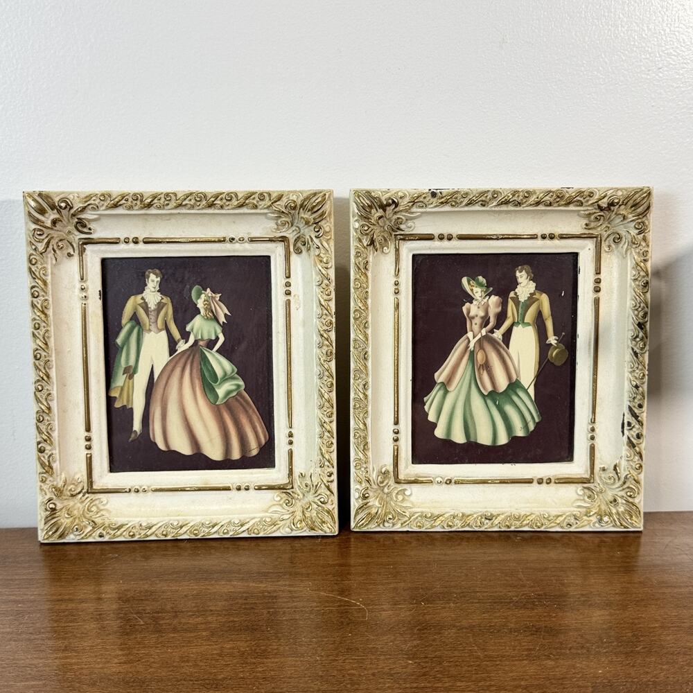 Vintage Framed Victorian Couple Wall Art Prints Set of 2 Ornate Cream Gold